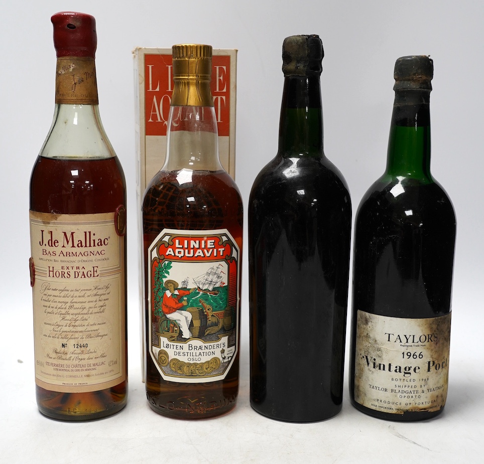 Four various bottles of alcohol to include a bottle of Taylor’s 1966 vintage port, another 1960 vintage port (label corroded), a bottle of J.de Malliac Bas Armagnac Extra Hors D’Age No.12440 and a bottle of Linie Aquavit